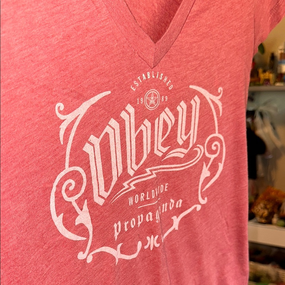 Obey Women's Red V-Neck Graphic Tee - Picture 4 of 5